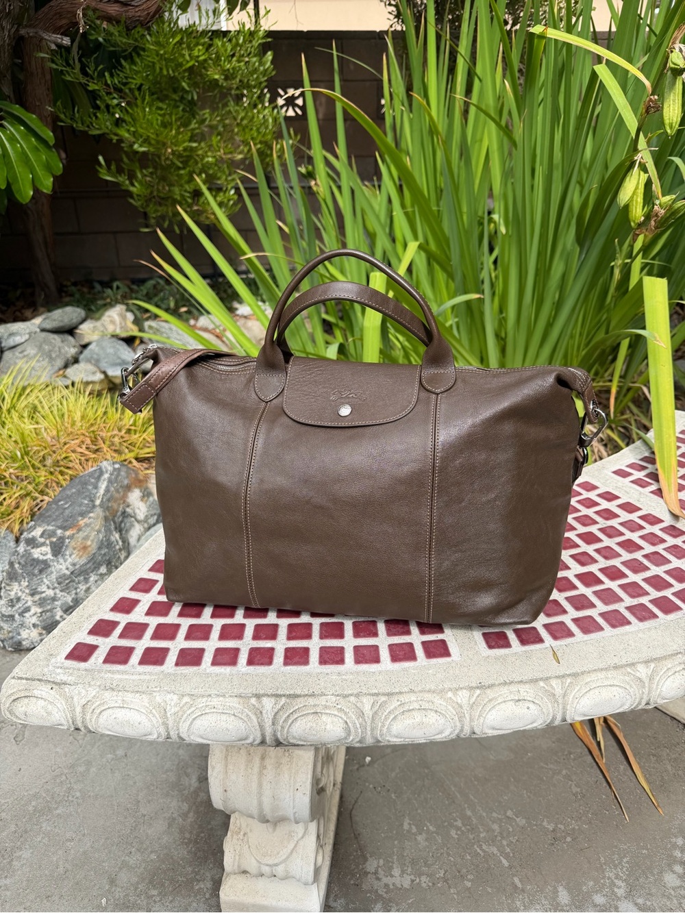 Longchamp Le Pliage Cuir Large Leather Top Handle Tote Dark Brown Shoulder Strap - Picture 2 of 13
